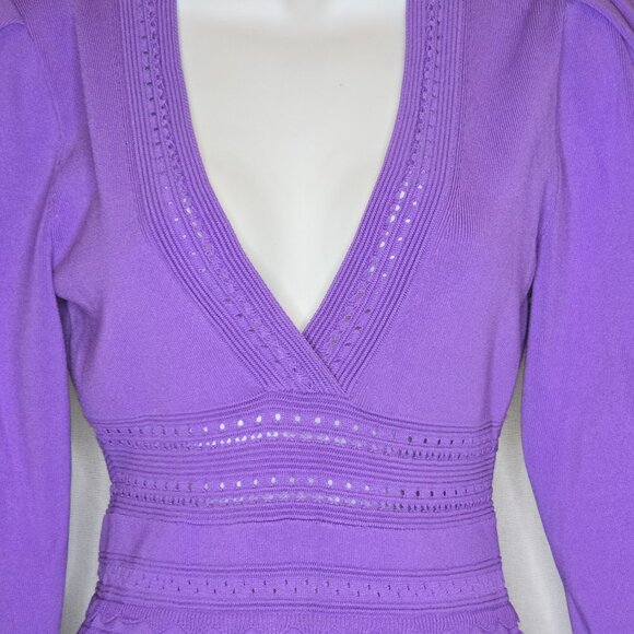 Sandro Ombre Balloon-sleeved V-neck Stretch-knit Mini Dress in Violet, NWT - Picture 3 of 7